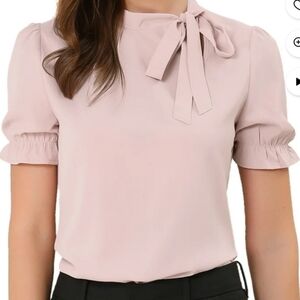 Allegra K Tan Asymetrical Tie Neck Blouse. NWT